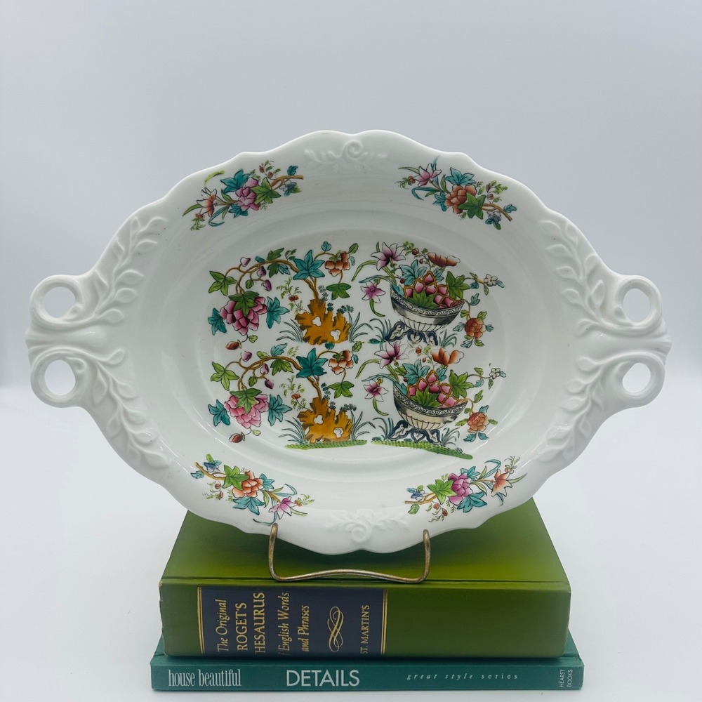 Chinoiserie Floral Footed Centerpiece Bowl Scalloped Oval 14.5"